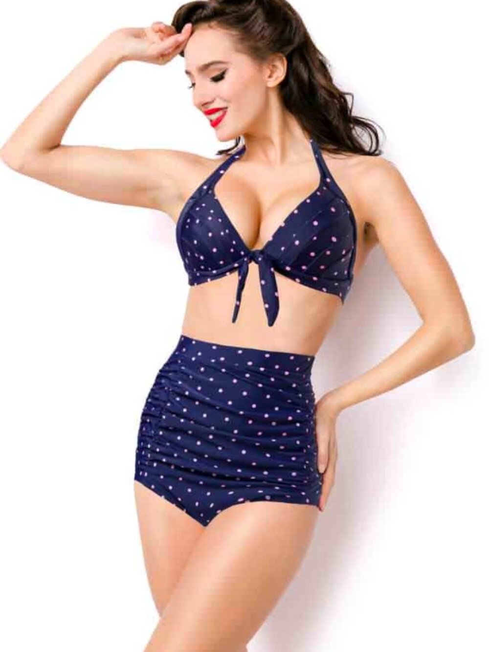 4102X Pink Dots Navy Blue High Waist Swimsuit
